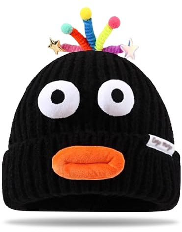 FOSDICK Bonnet Homme Femme Hiver Chaud Amusant Tricot Extensible Bonnet avec Expressions Ludiques Bonnets Douillet sans Rebord Hiver Cadeau Femme Homme Adolescents, Noir, Taille Unique