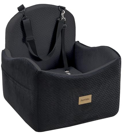 Autsel Asiento de Coche para Perros Medianos y Pequeños – Elevador Impermeable y Lavable con Arnés, Bolsillos y Base Antideslizante, para Asiento Trasero o Delantero, Negro
