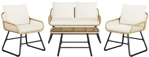 Yaheetech Polyrattan trädgårdsmöbelset 4 delar, balkongmöbler, loungeset inkl. 2-sitsigt 2-sitsigt bord, väderbeständigt utemöbler, sittgrupp med kudde för balkong, trädgård, ljusbrun och krämvit
