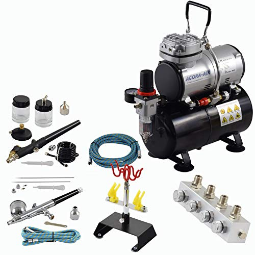 Agora-Tec® Airbrush Set PROFI XVI.1 mit Kompressor 4 bar/20 l/min, 3L Tank + 2 Pistolen inkl. Nadeln/Düsen 0,2/0,3/0,5/0,8 mm + regelbarer 4-fach Druckverteiler + 4-fach Halter + 2 Schläuche + Adapter