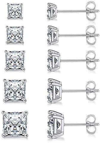MDFUN 18K White Gold Plated Princess Cut Square Clear Cubic Zirconia Stud Earrings Set for Women Pack of 5 Pairs