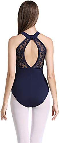 Limiles Women's Halter Neck Bodysuit Keyhole Back Gymnastic Ballet Dance Leotard Tops Dancewear Costumes (Navy Blue, XL)