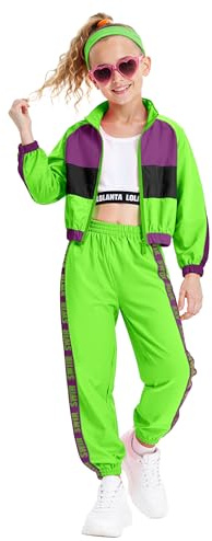 LOLANTA 3 pezzi vestiti hip hop per ragazze, tuta colorblock retrò anni '80, canotta corta, giacca con cerniera, pantaloni jogger, Verde, 8-9 anni, 140