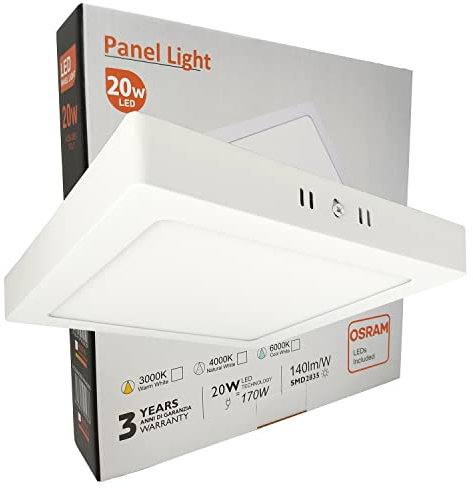 FactorLED Plafón LED Cuadrado 20W, 2000Lm, Panel Superficie para techo y pared, Osram Chip, 225x35mm, Luz Fría 6000K