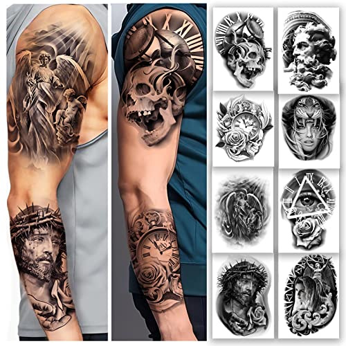 Roarhowl Temporary tattoo women men temporary tattoos Black Gray Large tattoo Jesus angel 3D realism Easter tattoo Tattoo Sleeves (Design 1)