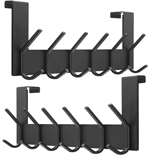 Dseap Türhaken – für Tür bis 2,1cm Dicke, Edelstahl Türgarderobe Türhakenleiste Türaufhänger Kleiderhaken Tür Zum Einhängen Kleidung Hut Handtuch Mantel, Mit 6 Flachen Haken, Schwarz, 2er Set