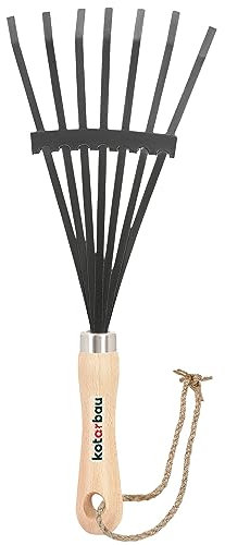 KOTARBAU® Hand-Fächerbesen 380 mm mit Holzstiel Kleinbesen mit 7 Zinken Handrechen aus Metall Laubrechen für Laub Grass Mini Rasenrechen Gartenrechen Kleinfeger Rechen
