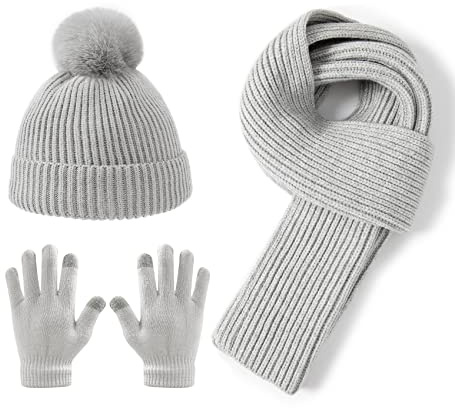 Lallier Juego de 3 gorros para niños, bufanda y guantes para la nieve, tejido de invierno, cálido, suave, gorro con pompón para exteriores, para niños, niñas y niños pequeños, Gris