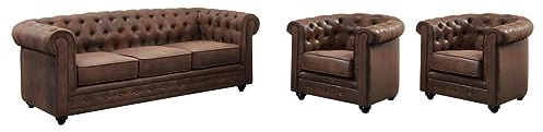 Vente-unique - Canapé 3 Places et 2 fauteuils Chesterfield en Microfibre Aspect Cuir Vieilli