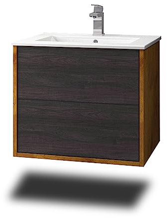 Stil.Zeit Evelia Badmöbel inkl. Waschbecken | Waschtisch mit Unterschrank 60.5 cm | Eiche/Dekor Carbon Marine| Push-to-Open/hängend