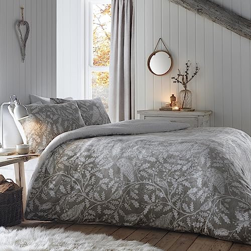 Dreams & Drapes Teddy Fleece Duvet Cover Set – Owl Print – Double (200 x 200cm) – Soft & Cosy Woodland Bedding – Light Grey – Forest Animal Theme – 2 Pillowcases – Winter Bedroom Linen