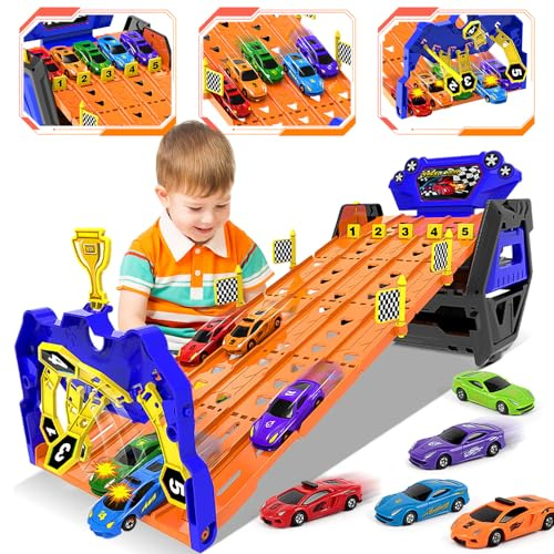 VATOS Upgraded 5 Tracks Transport Truck Toys Cars for Boys Ages 3 4 5 6 7 8, Portable Race Track Car with 5 Race Cars, Best Gift Carrier Truck Vehicles Toys Set for Kids Boys Girls