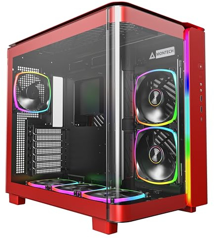 Montech, King 95 Dual-Chamber ATX Mid-Tower PC Gaming Case, High-Airflow, Toolless Panels, Sturdy Curved Tempered Glass Front and Side Panel, ARGB Lighting, Red