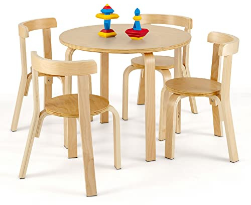 GYMAX Kids Table and 4 Chair, Children Activity Desk with 4 Chairs, 5 Pieces Wooden Toddler Table and Chair Set for Playroom Bedroom (Natural, Without Storage Space: 60 x 60 x 50cm)