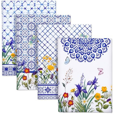 Arquiel Torchons De Cuisine Coton Vaisselle Lot de 4, Serviettes de Cuisine Torchon Vaisselle 100% Coton avec Accroche Très Absorbant Serviettes de Bar 48 x 70CM Fleurs Sauvages Rétro