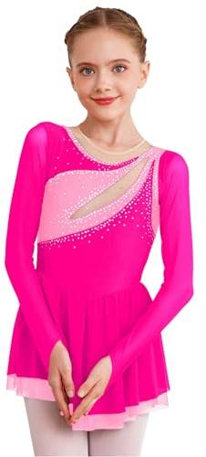 inhzoy Abito da Pattinaggio Artistico Bambina Manica Lunga Vestito da Balletto Ginnastica Artistica Body da Danza Classica Ballerina Strass Leotards Vestito da Ballo Lirico Rosa 9-10 Anni