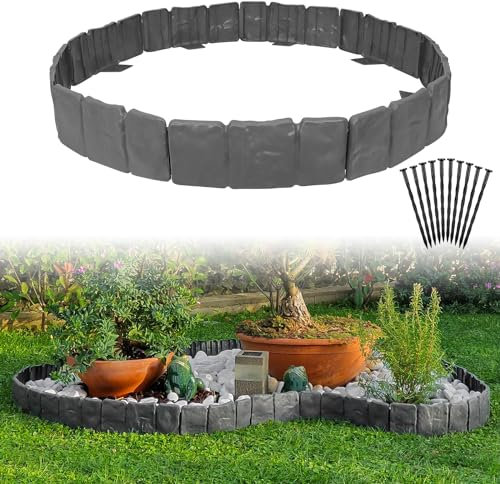 MSISILY Stone Effect Lawn Edging Border|Garden Edging Borders|Lawn Edging Tools|Garden Edging Border Plastic|Flower Bed Edging with Lawn Hedge 40 Pieces + 40 Strong Fixing Nails 32Ft (Grey-40Psc)