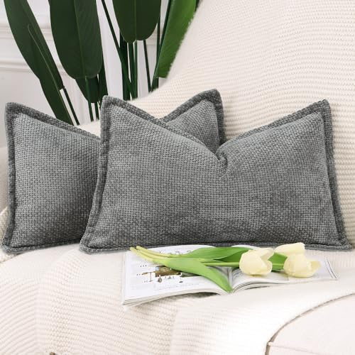 Madizz 2er Set Chenille Samt mit Rand Kissenbezüge Weiche Dekorativ Zierkissenbezüge Modern Kissenhülle für Sofa Wohnzimmer Schlafzimmer Dunkelgrau 40x60 cm