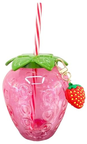 Aomhrek Copa de Pajita de Fresa, Vaso de Agua de Plástico de 500 ML, Vaso Reutilizable Para Agua Fría, Taza Bonita Con Tapa