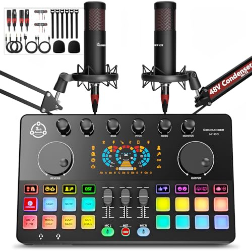Podcast Equipment Bundle for 2, Audio Interface DJ Mixer with 48V XLR Condenser Microphone, RGB,Voice Change, for Streaming, Podcast Recording,Tiktok,PC, Smartphone COMMANDER M100 3rd