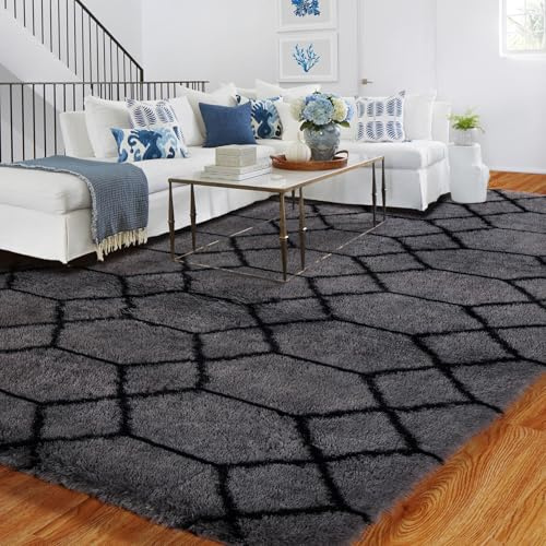 BYBSRLL Tapis à poils longs Gris et Noir pour salon 180x270 Antidérapant Lavable Très doux et moelleux pour chambre à coucher Tapis pour enfant fille garçon, à poils longs Descente de lit