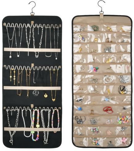 Hanging Jewelry Organizer Dual-Sided with Hook, Jewelry Cabinet Earring Storage Organiser Necklace Holder, Travel Jewellery Roll Jewelry Stand for Earrings Necklaces Rings (39 Pockets+42 Wave Hooks)