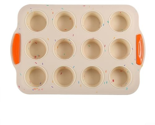 Moldes de silicona antiadherente para magdalenas con 12 agujeros con asa para hornear tartas, galletas y alimentos para bebés, bandeja de cocina apta para lavavajillas (beige)