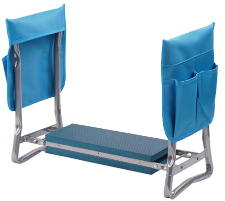 Relaxdays Panca da Giardino Pieghevole Imbottita con Tasche, Supporto Ginocchia e Seduta, 150 kg, Azzurro 50x60x27,5 cm