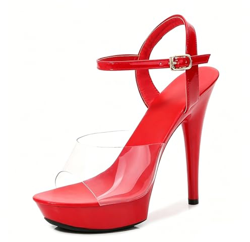 Vosswear Sandalias de Tacón Alto y Plataforma para Mujer, Tacón de Aguja 13cm/5.11, Correa de Tobillo Ajustable, Punta Abierta Transparente, Zapatos de Fiesta y Noche,Rojo,42 EU