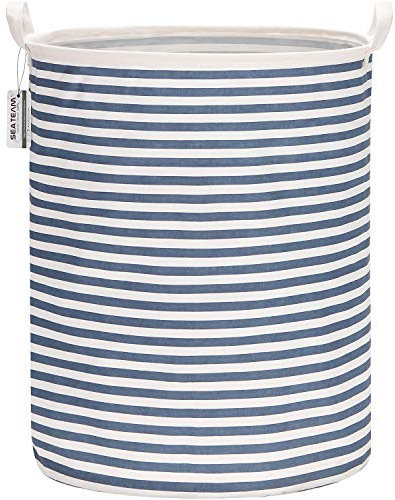 Sea Team 19.7 Inch Large Sized Waterproof Coating Ramie Cotton Fabric Folding Laundry Hamper Bucket Cylindric Burlap Canvas Storage Basket with Stylish Blue Stripe Design