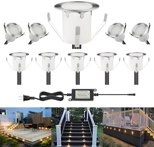 CHNXU LED Outdoor Deck Lights Kits, Φ1.18in Warm White 10 Pack Silver, Low Voltage 12V DC IP67 Waterproof, Electric Wired Recessed Exterior Stair Step Riser Landscape Lighting for Outside Floor Yard