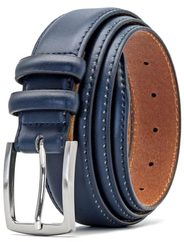 Ashford Ridge Men's Premium Leather Belt – 33mm Classic Double Keeper Belt with Brushed Silver Buckle – Navy Medium