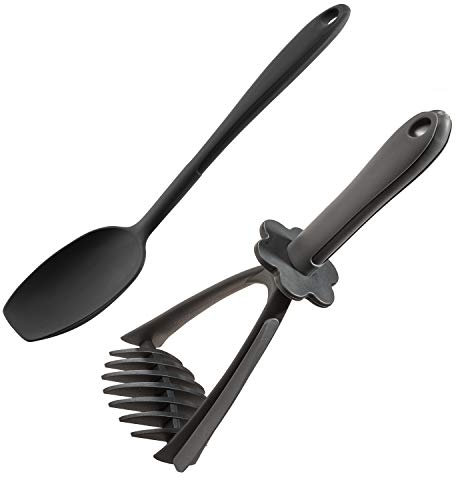 Kochblume Kartoffelstampfer & Soßenlöffel L 2er Set | Premium-Silikon | Hitzbeständig | Spülmaschinenfest | Farbe: anthrazit
