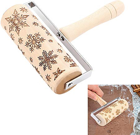 Embossed Rolling Pin with Christmas Snowflake Pattern - Wooden Engraved Rolling Pin for Baking Christmas Cookies