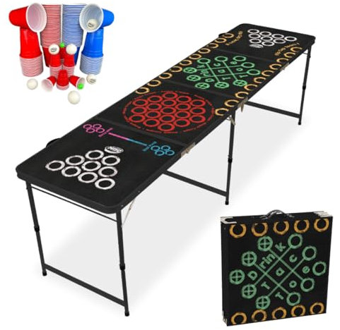 MYBEERPONG® Bier-Pong Tisch “Multigame“ | mit UV-Schutz + inkl. 100 teiliges Bierpong Becher Set & Tischtennisbälle | 5 Partyspiele mit Zubehör kombiniert