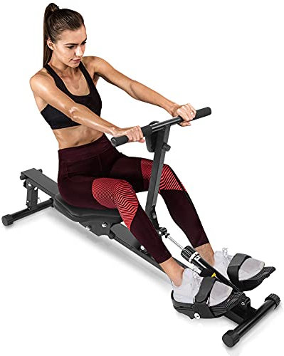 Dioche Rudergerät für Zuhause, zusammenklappbar, mit verstellbarem Pedalriemen, Piston-Widerstand, LCD-Display, Schwarz, bis zu 120 kg Tragfähigkeit