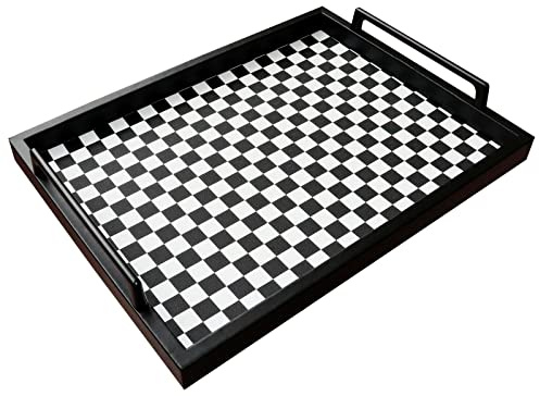 MCBZ Living Room Coffee Table Decorative Tray, Food Service Tray, Leather Ottoman Tray,with Metal Handles 16.5 x 12.6 in (Black and White Grid)