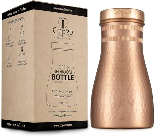 Cop29 - Botella de agua Dolny de cobre martillado mate hecha a mano para dormitorio, jarra con tapa, jarra de agua para mesita de noche (uso interior con tapa suelta) – 1000 ml