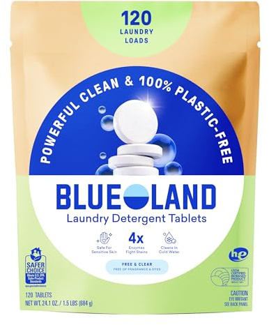 BLUELAND Laundry Detergent Tablets, 120 Count, Plastic-Free Eco-Friendly Pods, Sheets, Liquid Alternative - Fragrance Free and Clear, Natural, Gentle