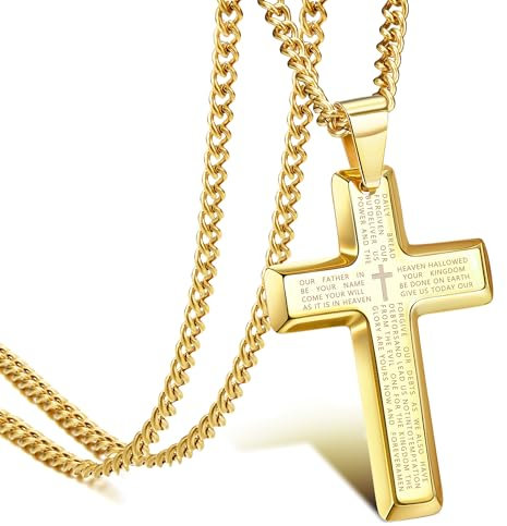 JeweBella Or 14K Collier Croix Homme Chretienne Collier Acier Inoxydable Pendentif Croix avec 4MM Chaine Homme Chretienne Catholique pour Hommes Longueur 61CM