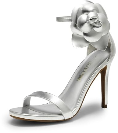 DREAM PAIRS Women's High Heels Flower Ankle Strap Stilettos Round Open Toe Dressy Sexy Sandals,Size 6,Silver-Pu,SDHS2402W