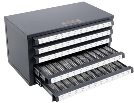 VEVOR Boîte de Rangement pour Tarauds #2-56 à #12-28 Coffret Vide pour Tarauds 5 Tiroirs 60 Compartiments Étiquetés Distributeur de 37,5x20x20 cm Empilable Identification Facile Rangement Atelier