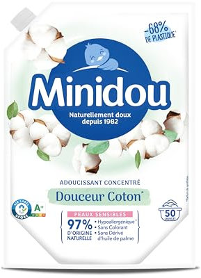 Adoucissant Linge MINIDOU Douceur Coton Doypack 1L - 50 Lavages | Élimine les Odeurs Désagréables et Laisse un Parfum Frais Durable | Compatible avec Tous les Types de Vêtements