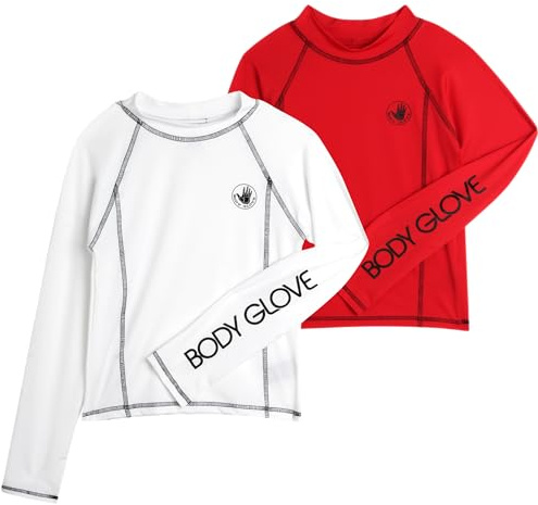 Body Glove Boys Swim Shirt - 2 Pack UPF 50+ Sun Protection Quicky Dry Long Sleeve Rash Guard for Boys Kids Swimwear (2T-14), Size 10, Red/White