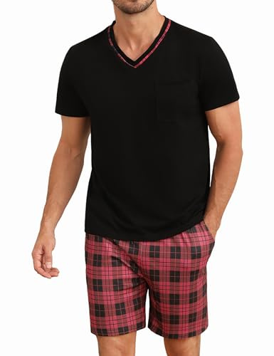 Demegimi Pyjama Homme Été Coton Court Ensemble Col V Manches Courtes Estival (Noir+Rouge, XXL)