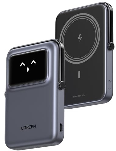 UGREEN Uno Wireless Power Bank Fast Charging 10000mAh Magnetic Mobile Phone Portable Charger PD20W with Foldable Stand and TFT Display Battery Pack MagSafe Compatible with iPhone 17-12 Series, Black