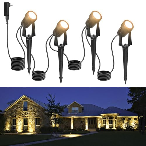 Outdoor Landscape Lighting Waterproof with 45.9FT Cable & built-in LED Light, Low Voltage 12W 1200LM Plug in Electric LED Spot Light 3000K Uplight with Transformer for Garden Yard Tree Path, Pack of 4