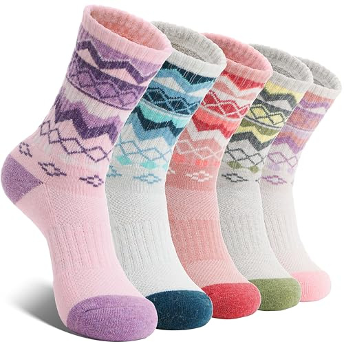 EBMORE Womens Merino Wool Socks Thermal Warm Winter Hiking Walking Stocking Fillers Women Boot Crew Cushion Work Gift Socks 5 Pairs (Pink/Red/Green/Purple/Blue,M)