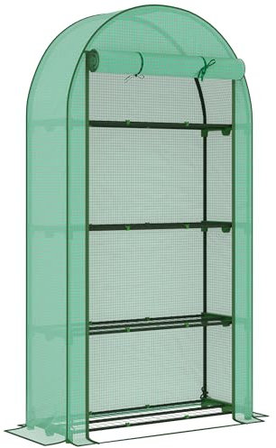 Outsunny 4 Tier Mini Greenhouse with Reinforced PE Cover, Portable Small Greenhouse with Roll-Up Door, 105 x 45 x 160cm, Green