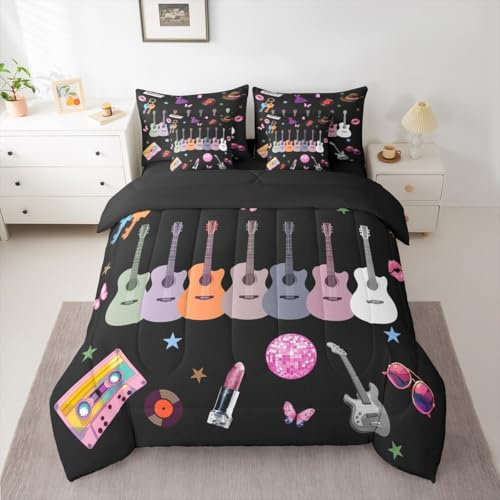 Girls Guitar Bedding Set for Women Singer Music Bed in a Bag Twin Size Black Aesthetics Modern Disco Snake Butterfly Comforter Set 7 Pieces Bed Set with Comforter, Sheets, Pillowcases & Cushion Cover